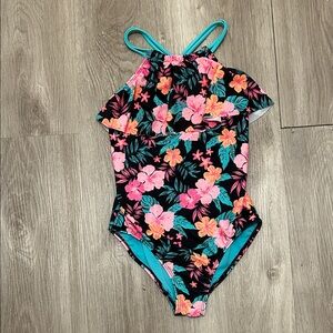 Wonder Nation Floral Kids Swim One Piece - Black and Pink